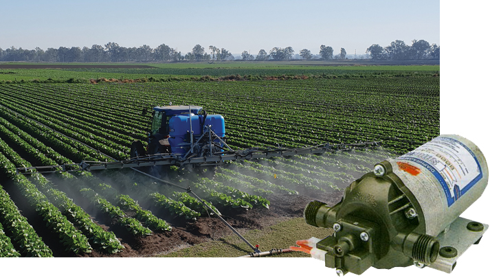SHURflo Pump overlaid on a tractor spraying in a field.