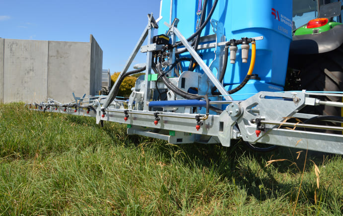 Close view of a BA Spray Boom on the back of an LS Linkage Sprayer