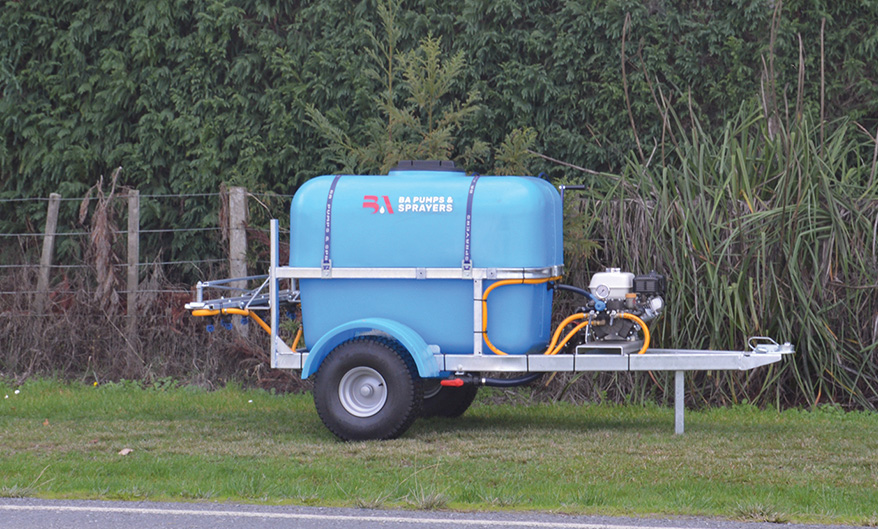 BA MAXI Petrol Trailed Sprayer with Boom by some trees