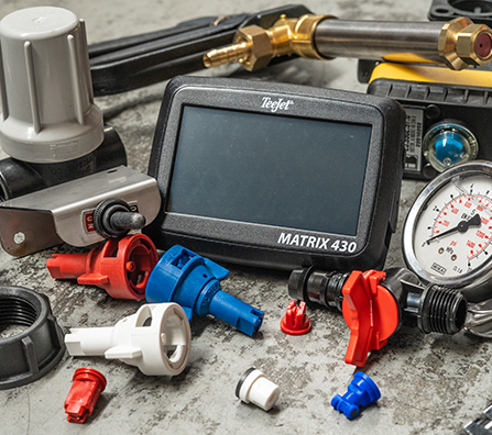 BA Pumps and Sprayers parts and accessories laid out.