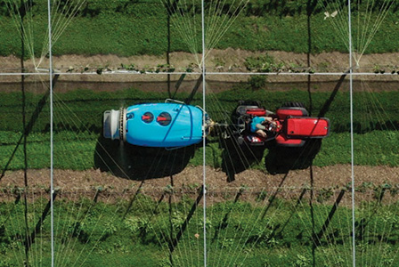 Aerial shot of Boyds Orchard Sprayer spraying kiwi